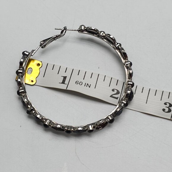 Black Rhinestone Silver-Tone Hoop Earrings 2" Round Vintage 1980s - Picture 5 of 5